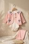 Aura Baby Girl 3-Piece Set - Lace Collared Waffle Knit Cardigan, Cotton Bodysuit and Pants Set - Pink - 5