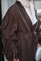 Women's Ribbon Stone Detail Waist Tie Ruffled Sleeves Tulle Long Abaya Brown - 5