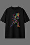 Striped Tennis Player Design Pre-Printed Black Oversize T-Shirt