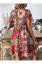 Women's Short Sleeve Collar Lace-Up Patterned Ruffled Single Jersey Dress - 4