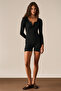 Totjun Women's Soft and Flexible Fabric Short Black Jumpsuit with Hollow Out Collar and Buttons