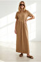 Women's Camel Asymmetrical Front Stitched Long Bell Cotton Dress Elb-19002446 - 4