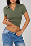 Women's Slim Polo Collar Crop Stretchy Fabric Casual Basic T-Shirt - 2