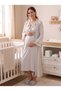 New Season Beige Melange Stylish Design with Volan Detail and Breastfeeding Feature Full Length Short Sleeve Maternity Nightgown Set - 7