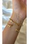 Women's Gold Color Twisted and Pearl Stone Model 2-Piece Bracelet Set - 2