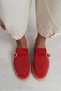 Maren Red Suede Leather Laser Perforated Buckle Detail Straw Sole Women's Espadrille Slippers - 3