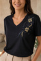 Women's Plus Size Black Off-Shoulder Floral Sequin Embroidered 100% Cotton Combed Cotton Blouse - 2