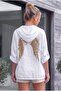 Italian White Hooded Long Sleeve Zippered Back Wing Sequined 100% Linen Woven Jacket 70 63