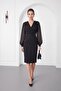Women's Black Double-Breasted Collar Chiffon Sleeve Midi Event Dress