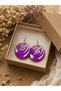 Handmade Purple Patterned Round Wooden Earrings – Lightweight Design Women's Earrings Gift - 2