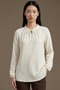 Elista Women's Ruffle Lace-Up Drop Collar Gathered Combed Cotton Jacquard Long Sleeve Blouse & Hijab Blouse - Ecru - 3