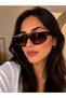 Women's Leopard Patterned Thick Frame Top Metal Detailed Brown Gradient Glass Sunglasses