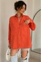 Women's Orange Cotton Linen Double Pocket Wooden Button Oversize Loose Oval Cut Long Sleeve Shirt - 2