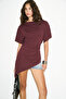 Aveline women's soft and flexible fabric side ruched asymmetrical cut boat neck burgundy blouse - 2