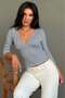 Khaki Striped V-Neck Slim Fit Women's Blouse Mg2887 - 5