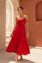 Layered Maxi Dress with Tie Detail and Lace Trim – Red - 2
