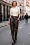 High Waist Women's Lined Pants with Front Belt, Back Elastic, and Pockets, Genuine Leather, Brown