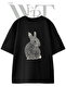 Rabbit Fingerprint Design Printed Unisex Black Oversize T-Shirt