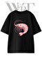 Shrimp Floral Design Printed Unisex Black Oversize T-Shirt