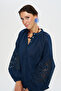 Women's Blouse with Openwork Lace Detail on the Sleeves and High Collar - 2