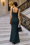 Women's Strappy Square Collar Slit Long Imported Crepe Dress - 3