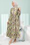 Green Half Buttoned Sleeves Elastic Skirt Layered Dress - 4