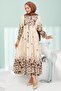 Beige Half-Buttoned Layered Dress with Elastic Sleeves - 4