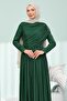 Emerald Green Evening Dress with Gathered Front and Stone Embellishments at the Neckline - 2