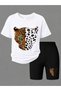 Girl's Leopard Print White T-Shirt-Black Short Leggings Set - 2