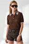 Women's Brown Openwork Collar Color Detailed Knitwear Blouse Blz-19003438 - 5