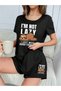 Women's Black I Am Not Lazy Printed Oversize Shorts Set - 3