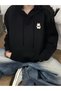 Women's Black Figure Plush Printed 3 Thread Hooded Hoodie Sweatshirt - 2