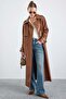 Long Leather Trench Coat with Epaulet and Cape Detail, Snap Closure Taba 6877 - 5