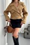 Women's Camel Short Biker Coat with Eyelet Texture, Zipper and Belted Collar - 5