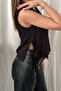 Women's Black Buttoned Side Lace-Up V-Neck Sleeveless Woven Vest - 5