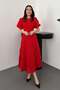 Women's Red Midi Rose Appliqué Balloon Sleeve Round Neck Lined Event Dress