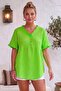 Neon Green V-Neck Short Sleeve Buttoned Collar and Cuff Ruffles Casual Muslin Oversize Woven Blouse 77 70 - 3