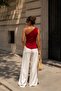 Women's Red Blouse with Single Shoulder Buckle, Ribbed Textured Asymmetrical Collar, Slim Fit - 2