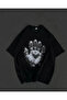 Unisex Crew Neck Printed Oversize T-Shirt - Black
