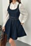 Women's Blue Dress with Cups, Straps, Belt, Denim, Mini A-Line, Pockets, Washable - 5
