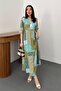 Women's Green Maxi Dress Patchwork Floral Pattern Gathered Waist Lace-Up Collar
