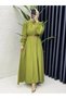 Women's Hijab Oil Green Strawberry Fabric Woven Belted Dress