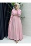 Women's Hijab Pink Strawberry Fabric Woven Belted Dress