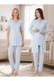 New Season Blue Lace Detailed Buttoned Design Short Sleeve 100% Cotton Maternity Maternity Dressing Gown Pajama Set 3-Piece Set - 2