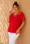 Women's Low-Cut Shoulder Cut-Out Sleeve Stone Detail V-Neck Side Slit Short Sleeve Stretchy Viscose Blouse - 6