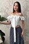 Women's White Crop Blouse with Carmen Collar, Underwire, Ruffles, Short Sleeves and Tie Detail - 2