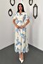 Women's Blue Floral Patterned Balloon Sleeve Belted Buttoned Midi Woven Dress - 2