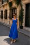 Women's Blue Sleeveless Ribbed U-Neck Waist-Fitted Long Flared Dress
