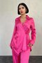 Women's Pink Top and Bottom Set Jacquard Ribbed Tie-Up Shirt Collar Wide-Leg Pants Set - 2