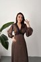 Women's Brown Polka Dot Lace Detailed V-Neck Long Sleeve Satin Maxi Dress - 3